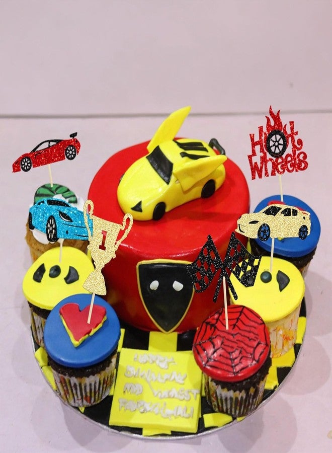 كونفيتي! ٢٤ قطعة من زينة الكب كيك على شكل سيارات سباق، مزينة ببريق لامع، وإشارات مرور، وعجلة قيادة، وكأس، وعلم، وعصا تزيين الكب كيك، مثالية لحفلات أعياد الميلاد ذات الطابع الرياضي "هيا بنا نتسابق" وحفلات استقبال المولود الجديد. - Image 5